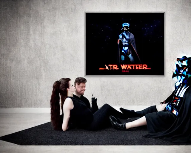 Image similar to darth vader and kristen stewart staying together in front of, on the background star destroyer landed on the wood ground, romantic poster for the twillight movie