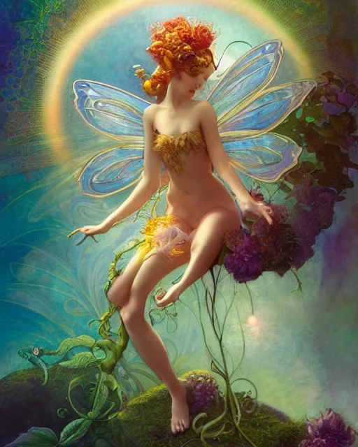 Image similar to a beautiful fairy in a morning dreamland, coherent design, symmetrical, vivid color, complementary color, golden ratio, detailed, sharp lines, intricate, rainbowshift, by james gurney, by brian froud, by peter mohrbacher, by alphonse mucha, by maxfield parrish, by karol bak, deviantart, octane render