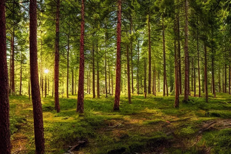 Prompt: beautiful swedish forest view, highly detailed, intricate, soft lighting, very wide shot
