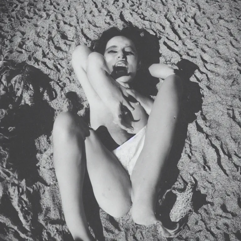 Image similar to portrait of an ancient vampire queen enjoying a day at the beach, 35mm photography