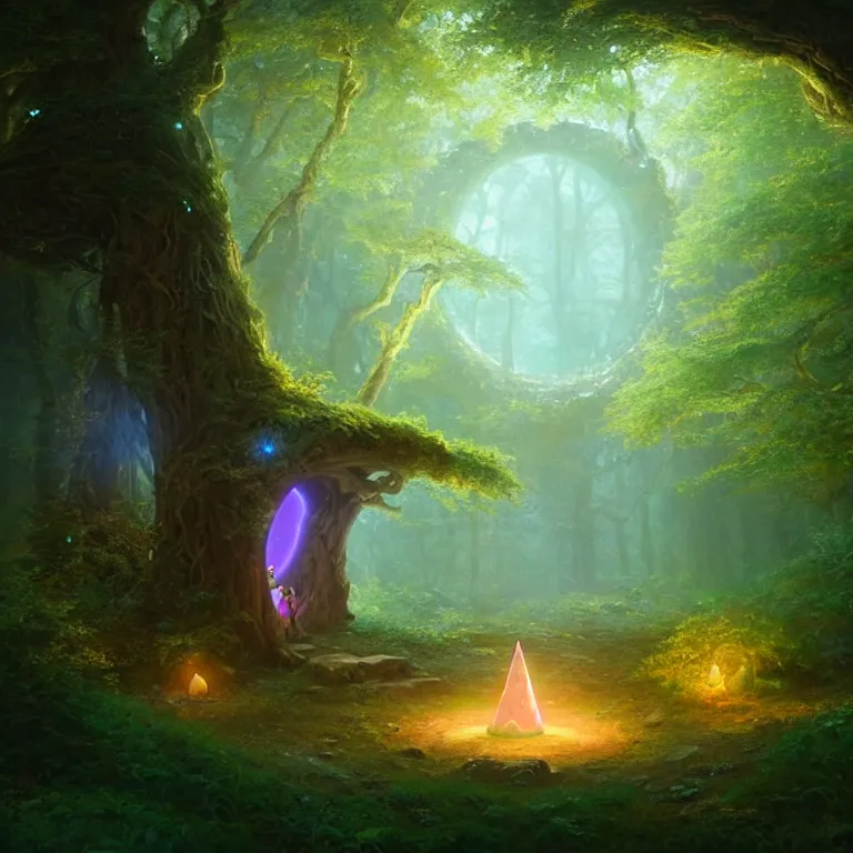 Image similar to Fantasy Magical fairy-tale glowing stone portal in the forest. Round stone portal teleport in trees to other worlds. Fantastic landscape. Magic Altar in the fores, highly detailed, digital painting, concept art, smooth, sharp focus, illustration, art by greg rutkowski