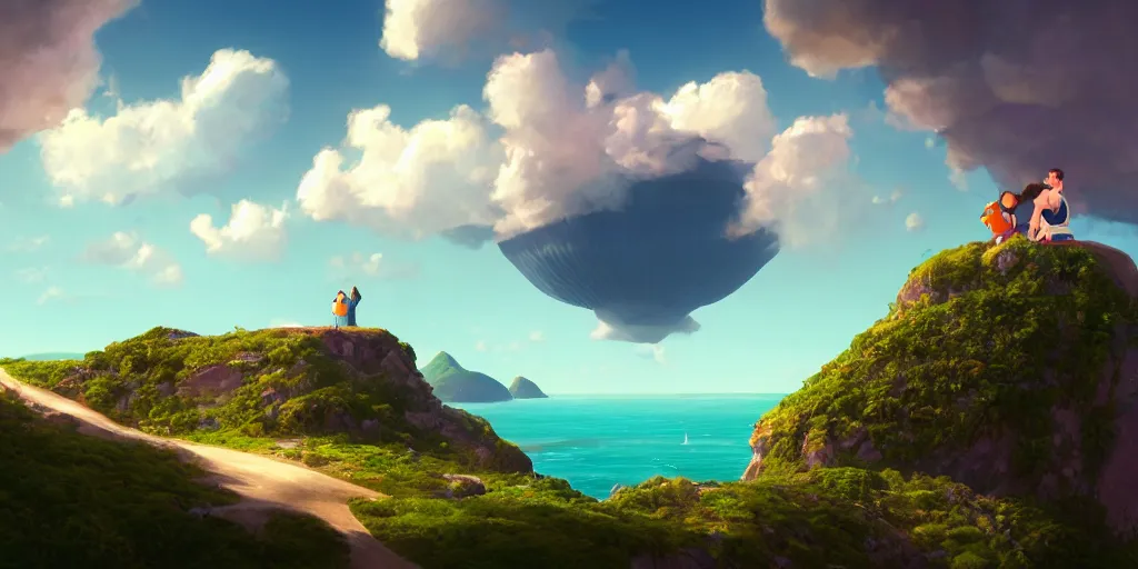 Image similar to a beautiful couple sitting in a cloud very high in the sky above emerald lagoon of Sint-Marteen, mattepainting concept Blizzard pixar maya engine on stylized background global illumination lighting artstation in the style of The Road to El Dorado