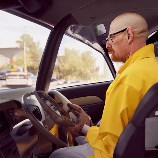 Prompt: walter white working at mcdonalds, stressed, serving at drive thru, photorealistic, hd, 4k, natural lighting, cinematic