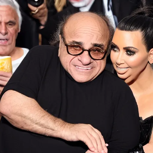 Prompt: danny devito is a very small little baby and kim kardashian is feeding danny devito from a bottle