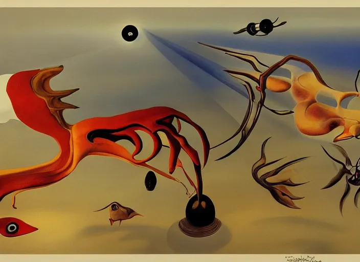 Image similar to the flying creatures from thatgamecompany's journey painted by salvador dali