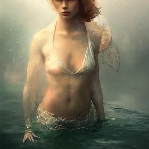 Prompt: a person in a costume standing in a body of water, a character portrait by bastien lecouffe - deharme, trending on cgsociety, fantasy art, angelic photograph, apocalypse art, national geographic photo