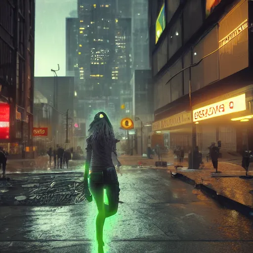 Image similar to a grungy cyborg kitten walks in NYC street in a rainy day among other people, led lights around the place, digital painting, ultra detailed, unreal engine 5,