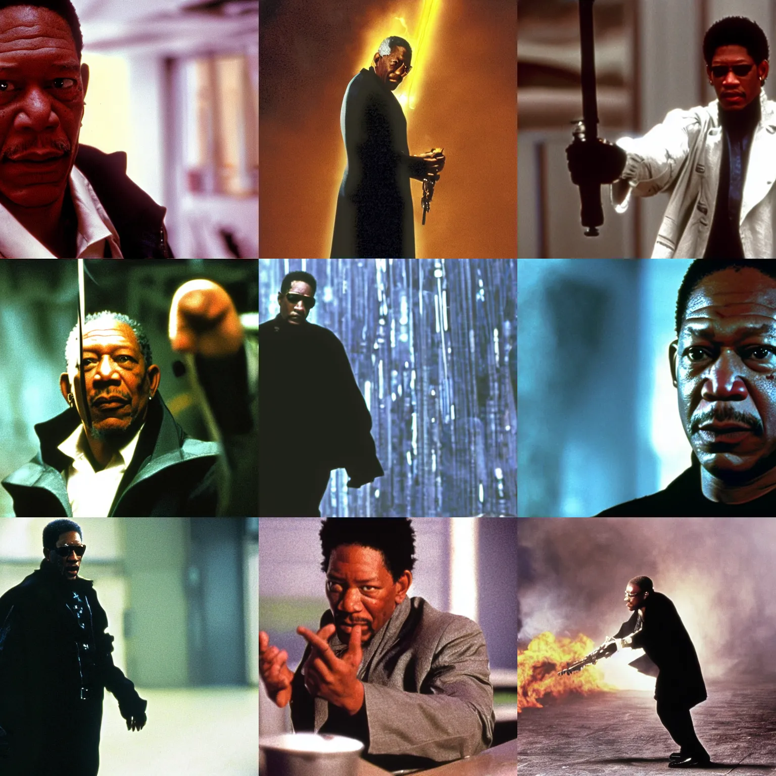 Prompt: morgan freeman as morpheus in the matrix, film still