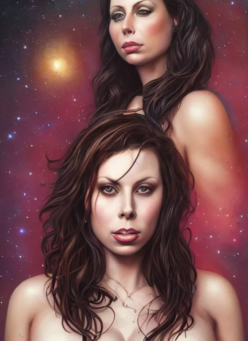 Prompt: beautiful portrait of gianna michaels and the background has a deep space painting by magali villeneuve, intricate, elegant, highly detailed, photorealistic, trending on artstation, trending on cgsociety