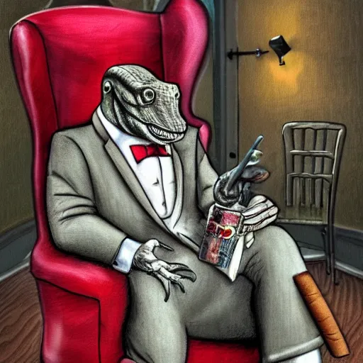 Prompt: dinosaur smoking a cigar sitting in a chair wearing a smoking jacket realistic hdr