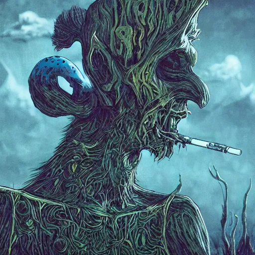 Image similar to 4 k headshot portrait of a psychedelic demonic anthropomorphic wendigo smoking a hand - rolled cigarette smoking heavily, magic mushroom village in background. award winning. superb resolution. in the art style of junji ito and greg rutkowski. detailed mushroom city in background. hyper realistic anime. perfect art. dalle 2