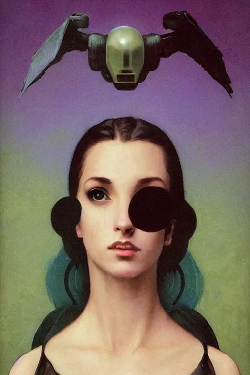 Prompt: portrait of raven, perfect future, iridescent color palette, art by bouguereau, 1 9 7 0 s retro future robot android. muted colors