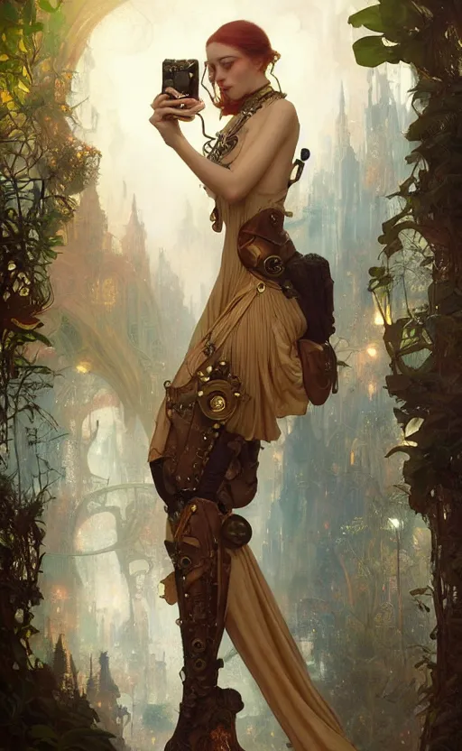 Image similar to hyper realistic photographer taking a picture, magical, gems, jewels, gold, steampunk, cyberpunk utopia, painted by tom bagshaw, mucha, gaston bussiere, craig mullins, j. c. leyendecker 8 k