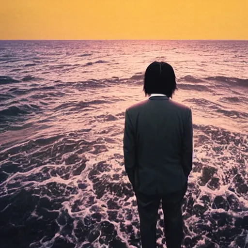 Prompt: japanese man with long hair in a beige suit standing in the ocean looking at the camera, wide shot, far away, zoomed out, distance shot, sunset, centered, album cover, tatsuro yamashita, 1980, ride on time