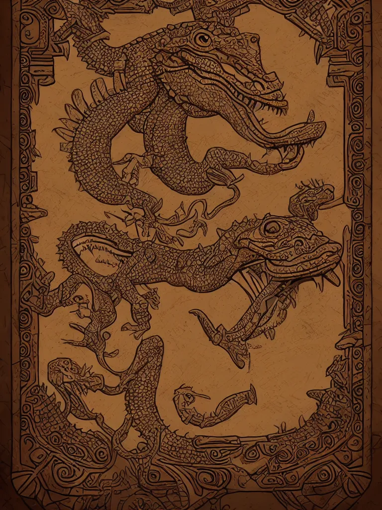 Image similar to pre - columbian mesoamerican book decorative border frame, crocodile illuminations, d & d, fantasy, intricate, elegant, highly detailed, digital painting, artstation, illustration, hearthstone