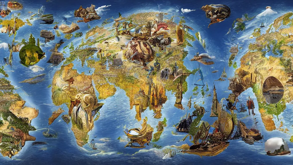 Prompt: surreal map of world cultures in the styles of igor morski, jim warren, and rob gonsalves, intricate, robinson projection, accurate geography, volumetric lighting, serene, imaginative