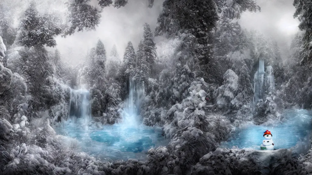 Prompt: 3d rendering of fantasy frosted little planet with big snowman in the center and waterfall, in the sky, foggy atmosphere, low angle shot, with focus on the snowman, volumetric lighting, fantasy artwork, very beautiful scenery, very realistic painting effect, hd, hdr, cinematic 4k wallpaper, 8k, ultra detailed, high resolution