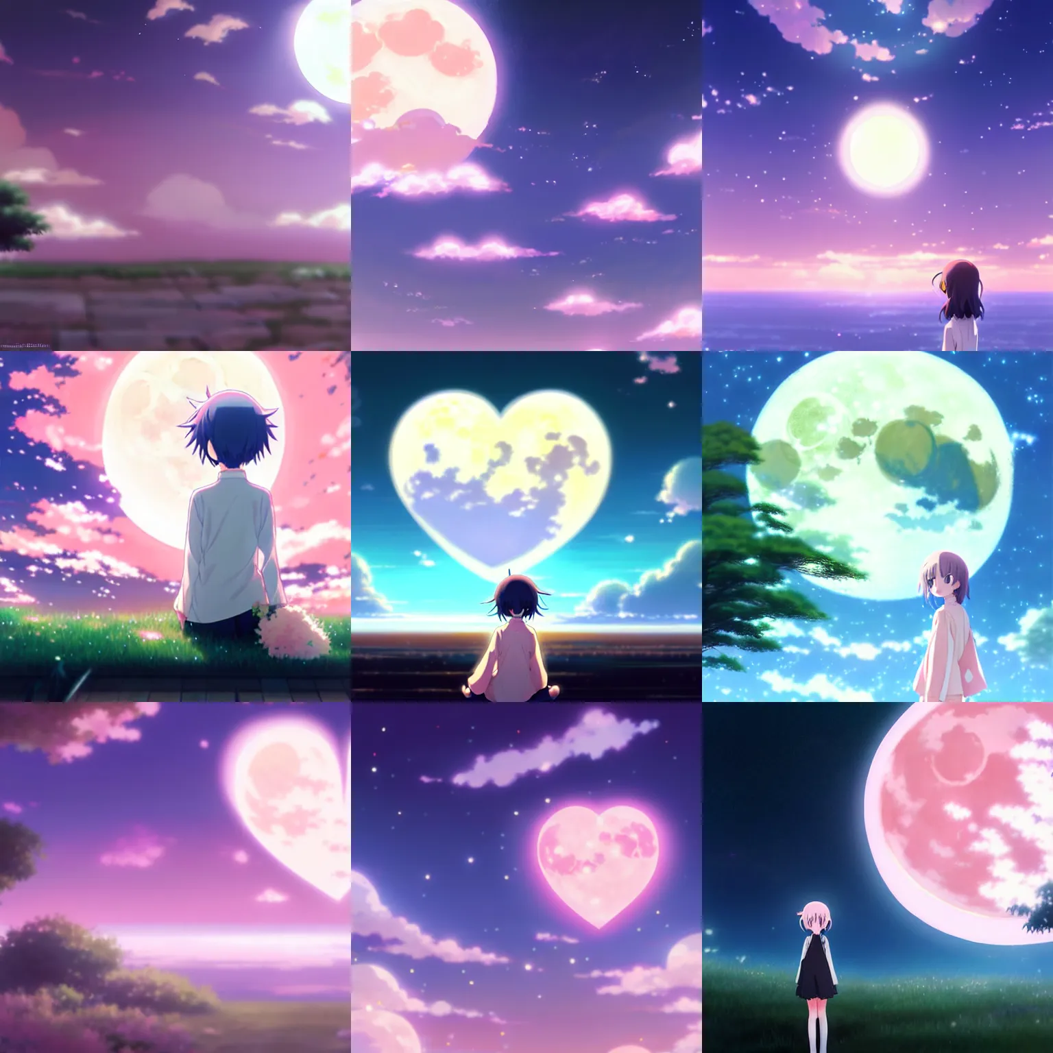 Prompt: a light pink heart - shaped moon, anime art, by makoto shinkai