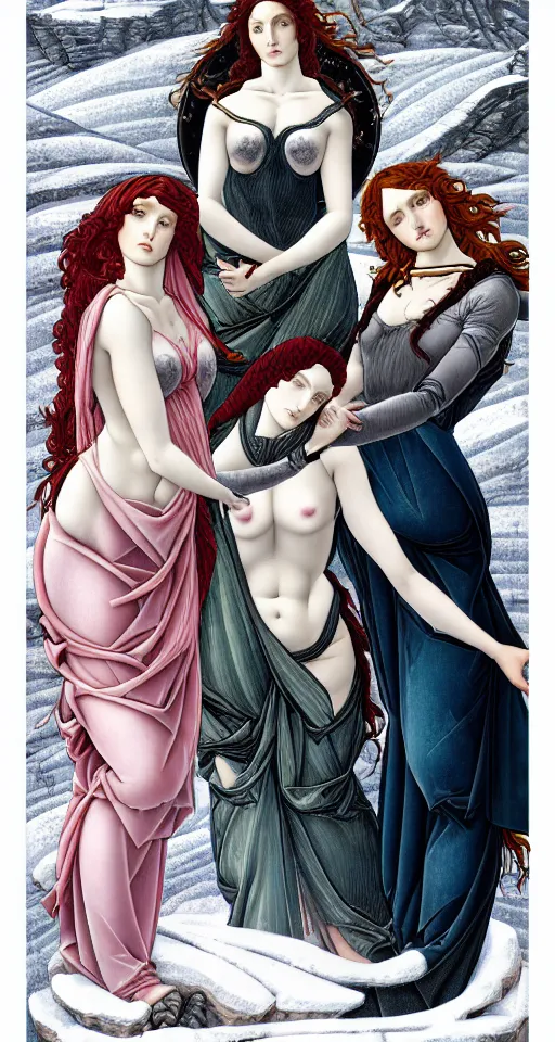 Image similar to the 3 Goddesses of Winter, in a mixed style of Botticelli and Æon Flux, inspired by pre-raphaelite paintings and shoujo manga, surrounded by a harsh icy winter landscape, hyper detailed, stunning inking lines, flat colors, 4K photorealistic