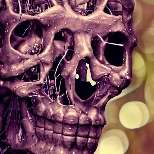 Prompt: very detailed portrait 55mm photo of a mechanical head without skin, with crystal bones and optic fiber nerves, gears in his head and cybernetic enhancements in it's transparent skull. Has cameras for eyes. In the forest with bokeh. Ray tracing and tessellation. Very sharp high detailed 8k image