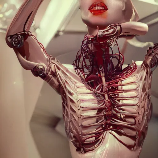 Image similar to photographic stil of beautiful model, a human robot woman, beautiful artificial biomecanic body with artificial bones and artificial flesh, cables, tubes, westworld style, medium - shot, insanely detailed, photorealistic, beautiful soft light, octane render, by annie leibowtiz