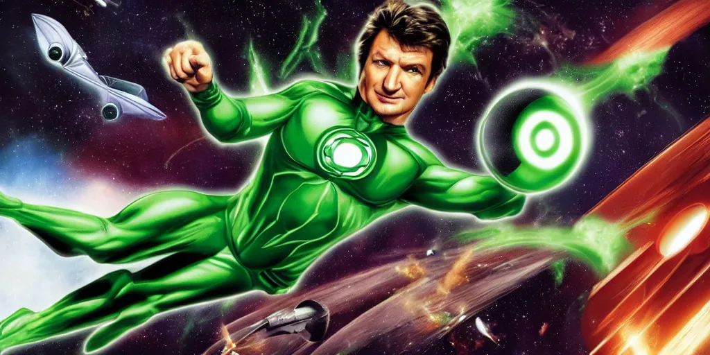 Prompt: Nathan Fillion as Green Lantern Hal Jordan flying through outer space, detailed