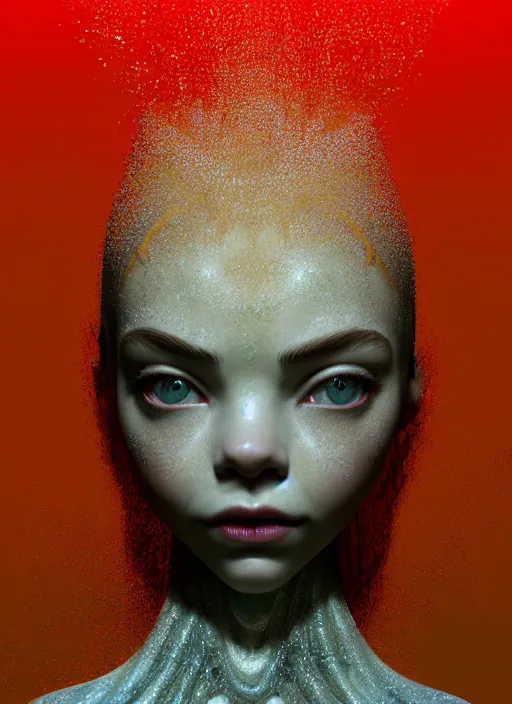 Image similar to hyper detailed 3d render like a Oil painting - very coherent Concrete displacement mapped profile subsurface scattering (a beautiful fae princess protective playful expressive from dark crystal that looks like Anya Taylor-Joy) seen red carpet photoshoot in UVIVF posing in caustic light pattern pool to Eat of the Strangling network of yellowcake aerochrome and milky Fruit and His delicate Hands hold of gossamer polyp blossoms bring iridescent fungal flowers whose spores black the foolish stars by Jacek Yerka, Ilya Kuvshinov, Mariusz Lewandowski, Houdini algorithmic generative render, golen ratio, Abstract brush strokes, Masterpiece, Victor Nizovtsev and James Gilleard, Zdzislaw Beksinski, Tom Whalen, Mark Ryden, Wolfgang Lettl, hints of Yayoi Kasuma and Dr. Seuss, Grant Wood, octane render, 8k