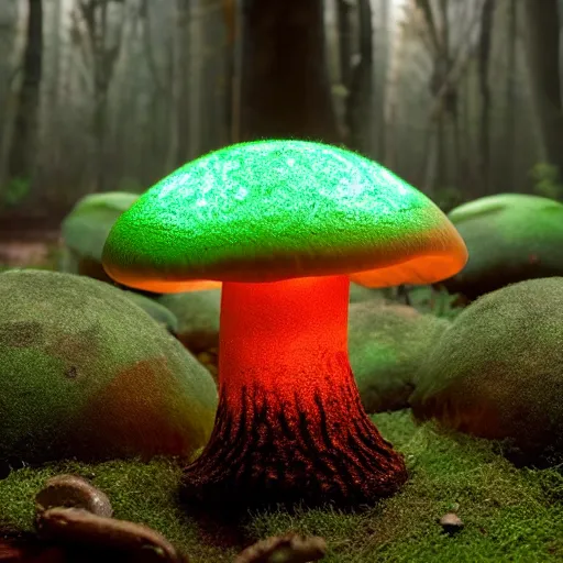 Image similar to glowing mushroom, luminescent mushroom : : dark forest : : [ illuminated by a single mushroom ] : : 8 k : : [ digital art ] : :