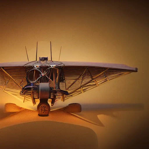 Image similar to wooden bi plane, steampunk, extreme closeup, center frame, symmetric, rim light, bioluminescence, electric, soft, concept art, intricate details, highly detailed, colorful, photorealistic, disney pixar, octane render, iridescent, anime, 8 k