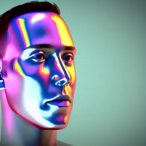 Image similar to 3d render of Elon Musk as a holographic human robotic head made of glossy iridescent, surrealistic 3d illustration of a human face non-binary, non binary model, 3d model human, cryengine, made of holographic texture, holographic material, holographic rainbow, concept of cyborg and artificial intelligence