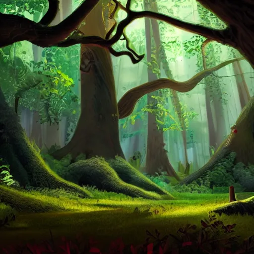 Prompt: a movie still frame, a wide shot of a dark enchanted forest with dappled lighting on the ground, tall large trees, muted color palette, lush foliage, disney feature animation artwork, pixar concept art,