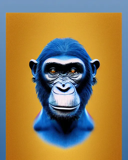 Prompt: gold, blue, illustration of a chimpanzee, 3 d, 8 k, extremely detailed, artstation