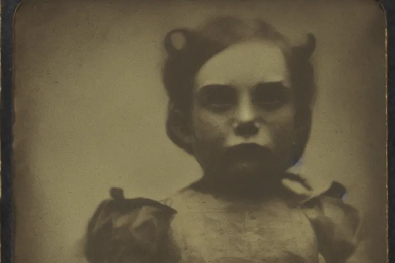 Prompt: portrait of demon with fangs, old vintage photography, daguerreotype, damaged photo, film artifacts, scratches, tears, hyperrealistic, ultra detailed, 4 k