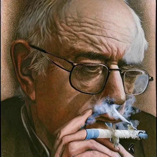 Image similar to a portrait of bernie sanders smoking a joint, painted by zdzislaw beksinski