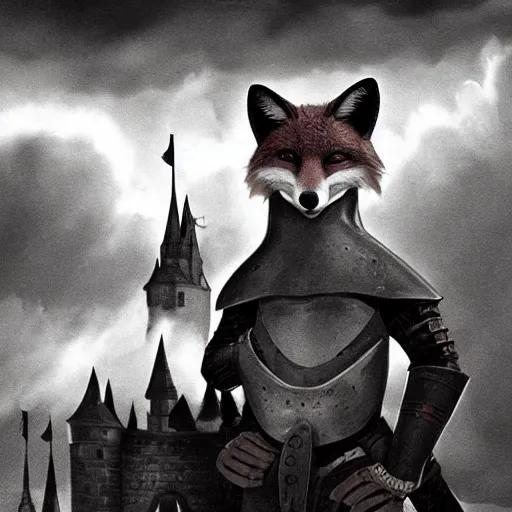 Prompt: anthropomorphic fox!! who is a medieval knight holding a swo - rd towards a stormy thundercloud that resembles a demon [ 1 9 3 0 s film still ], ( fantasy castle in the background )