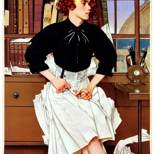 Prompt: beautiful painting of Lucius as a French maid with long pale curly blond hair, beautiful androgynous young man, very very light fluffy curly blond hair, he wears a white secretary shirt and black miniskirt, pinup poster by J.C Leyendecker and Norman Rockwell