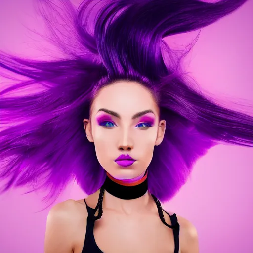 Image similar to a award winning action upper body portrait of a beautiful woman with a ombre purple pink hairstyle with head in motion and hair flying, choker, outrun, vaporware, vivid colors, highly detailed, fine detail, intricate