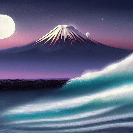 Image similar to Giant Wave with mount fuji in the background, moon in the background,night, elegant, highly detailed, digital painting, artstation, concept art, smooth, sharp focus