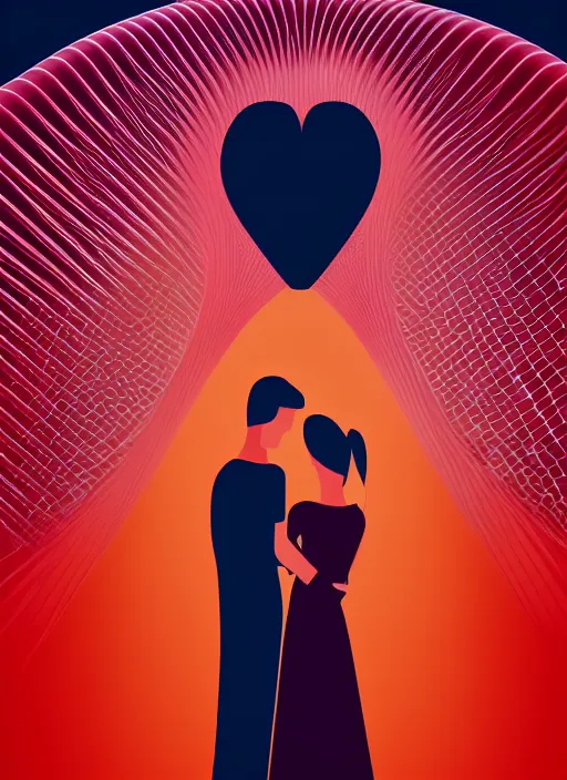 Image similar to vector art by santiago calatrava, perfectly centered symmetrical balanced male and female portrait of man and woman in love sharing one heart. high coherence ; fractal geometrical 8 k ultra hd