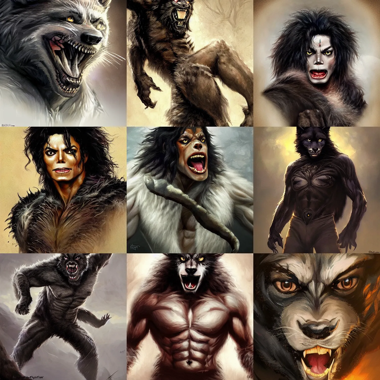 Prompt: werewolf!!! michael jackson! very close portrait of angry rugged panther barbarian hunter, muscular, upper body, 👅 👅 , D&D, fantasy, intricate, elegant, highly detailed, digital painting, artstation, concept art, smooth, sharp focus, illustration, art by artgerm and greg rutkowski and alphonse mucha