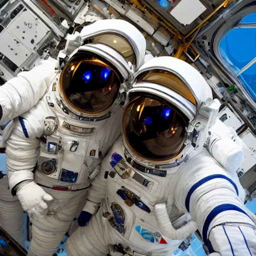 Prompt: two astronauts looking down at the camera, fish-eye lens, 15mm