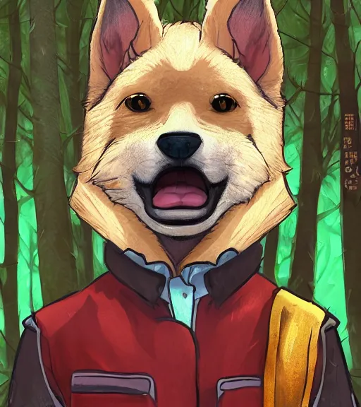 Image similar to close up character portrait icon of the anthro anthropomorphic very cute jindo dog trader head animal person fursona wearing clothes standing in the bright forest, hidari, color page, tankoban, 4 k, tone mapping, akihiko yoshida