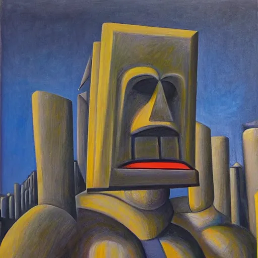 Prompt: three brutalist giant sacred robots visage, portrait, dictator, cathedral, dystopian, pj crook, edward hopper, oil on canvas