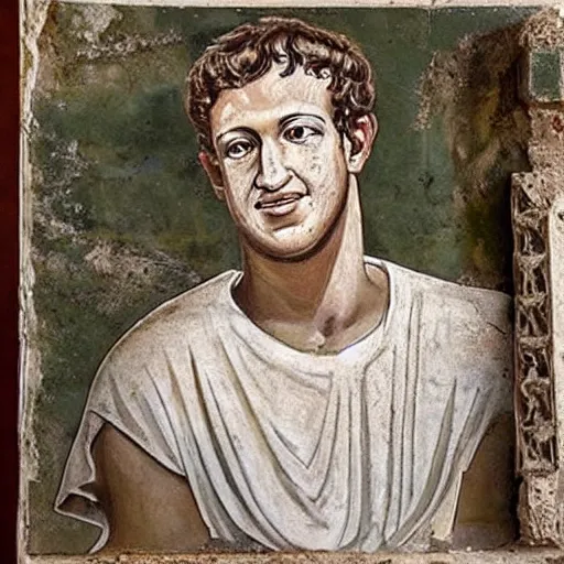 Image similar to photo of an ancient roman fresco on a wall in an ancient roman villa : mark zuckerberg as a roman noble senator next to a grill with meats. dressed in a white toga. serious facial expression. detailed, intricate artwork. faded shadows