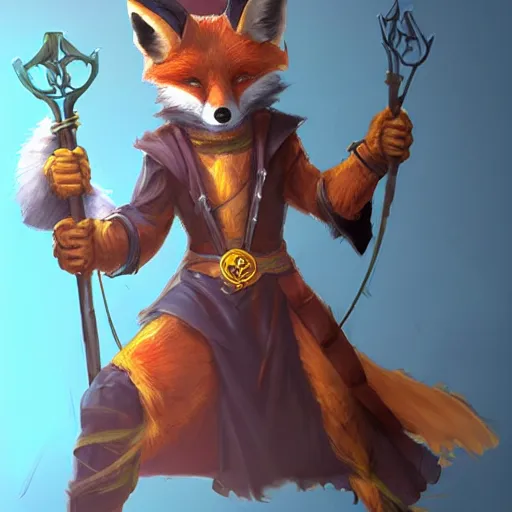 Prompt: the fox magician cast a thunder spell with his staff, artstation