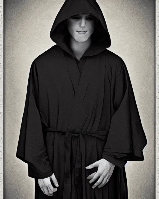 Prompt: digital art portrait of a young man in dark robes, hooded