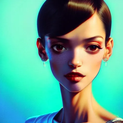 Image similar to a beautiful skinny latina wearing fashionable dress with head tilted back, focus close on eyes realistic skin texture, eighties holographic art by ilya kuvshinov lois van baarle ross tran range murata artgerm katsuhiro otomo norman rockwell, highly detailed intricately sharp focus, bedroom eyes trending on pinterest vogue italia unreal engine 5, 4 k uhd image