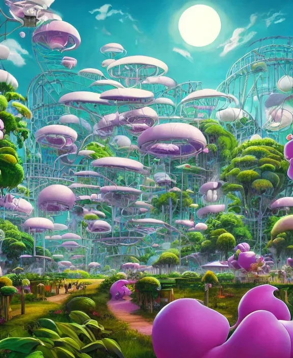 Prompt: simplicity, an elegant amusement park made out of seamless fat asymmetrical organic creatures, in the style of an aerodynamic blobby spaceship, overgrown with orchids, partly cloudy, sun - drenched, dramatic lighting, by dan mumford, yusuke murata, makoto shinkai, ross tran, cinematic, unreal engine, cel shaded, featured on artstation, pixiv