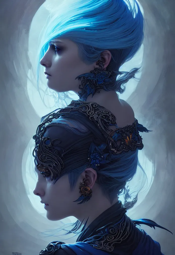 Image similar to Necromancer Sorceress, fantasy magic, undercut blue hairstyle, dark light night, intricate, elegant, sharp focus, illustration, highly detailed, digital painting, concept art, matte, art by WLOP and Artgerm and Greg Rutkowski and Alphonse Mucha, masterpiece