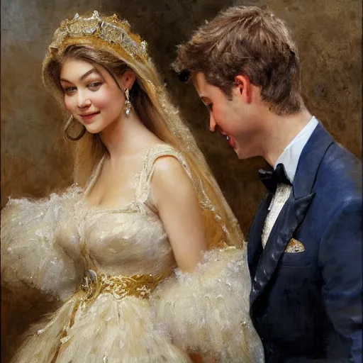 Image similar to detailed painting of prince william marrying attractive gigi hadid, highly detailed painting by gaston bussiere, craig mullins, j. c. leyendecker 8 k, 4 k, smiling couple, royal painting, human face, watercolor